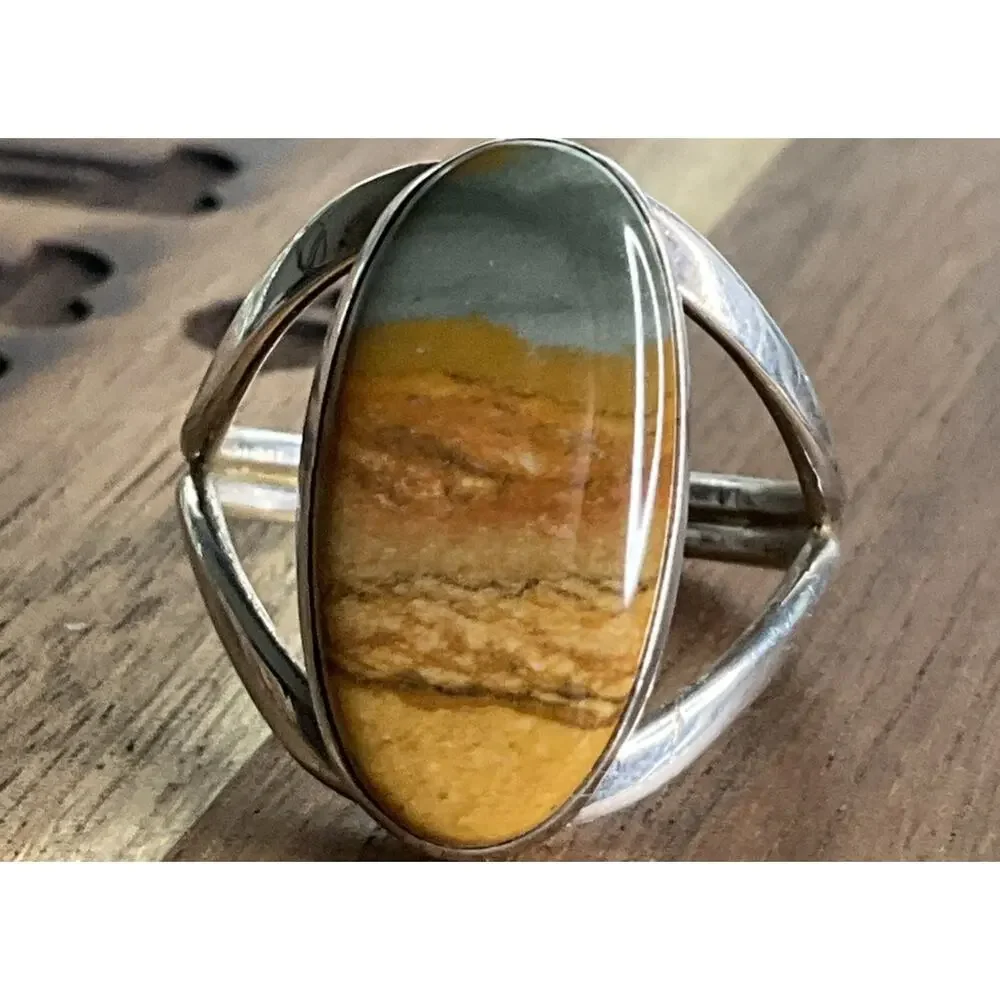 Vintage Signed MSA Sterling Silver Genuine Picture Jasper Ring Size 10.5